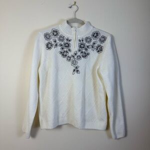 Alfred Dunner Womens Cream Floral Embroidered Mock-Neck Sweater Petite Medium
